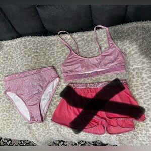 PINK Shimmer Rave Outfit Underboob top Cheeky Bottoms Mesh Skirt EDC